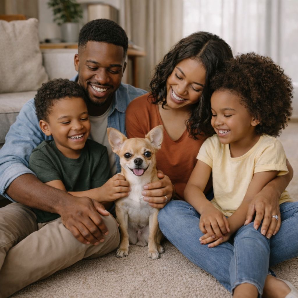 Happy african american family getting approved for financing to upgrade their carpet