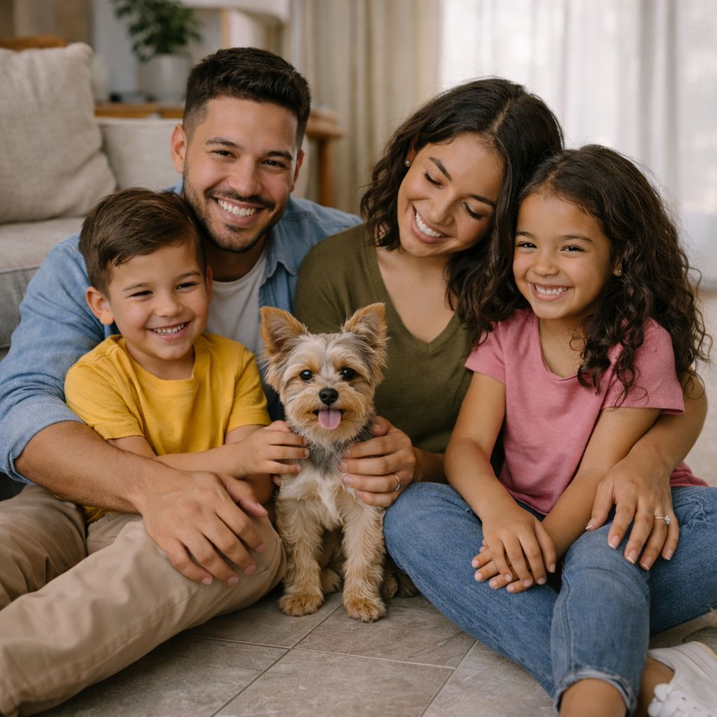 Happy hispanic family getting approved for financing to upgrade their tile flooring