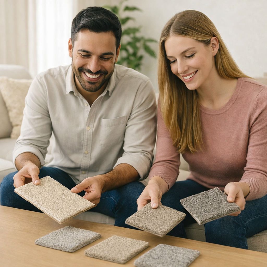 Happy couple browsing carpet samples
