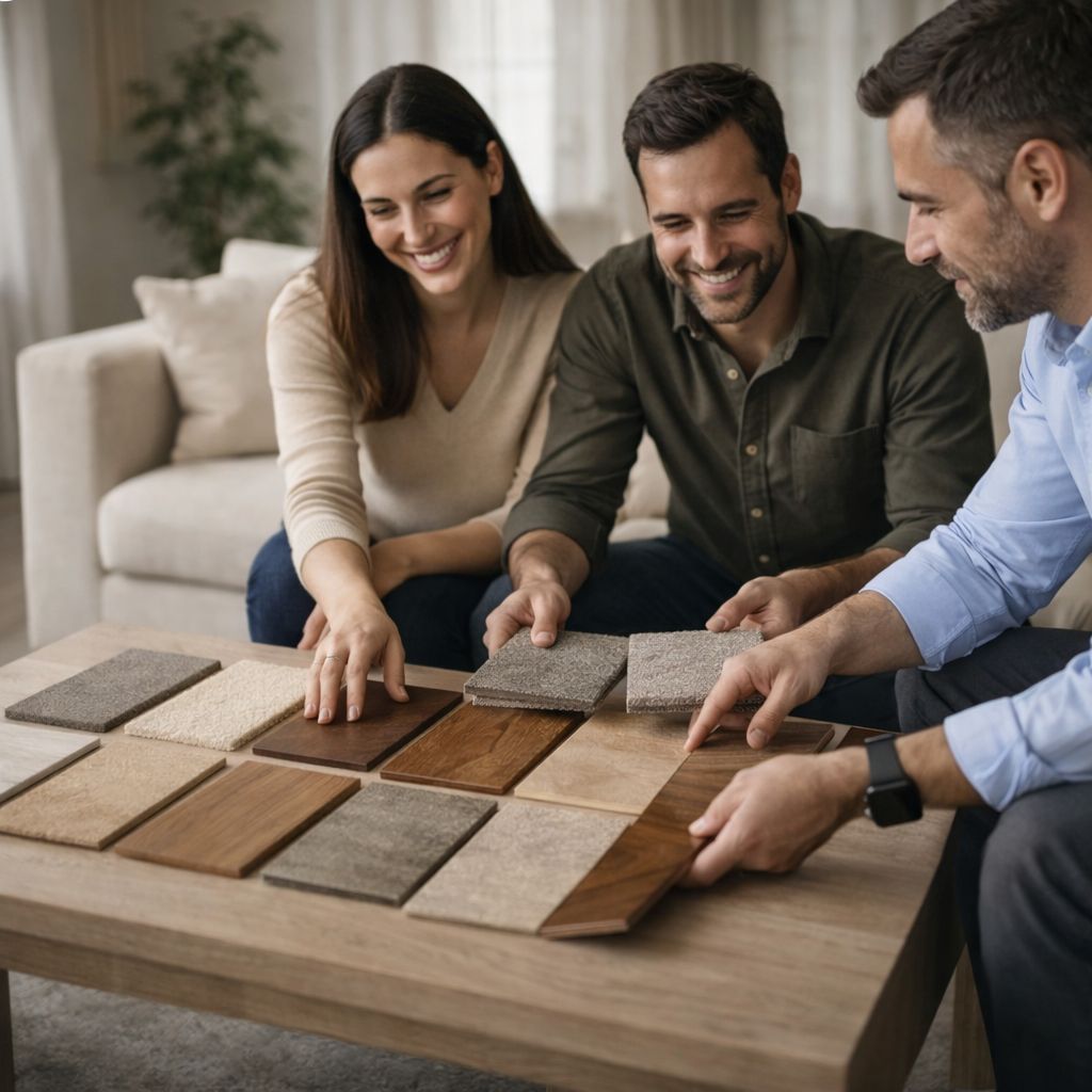 Happy couple being guided on flooring options