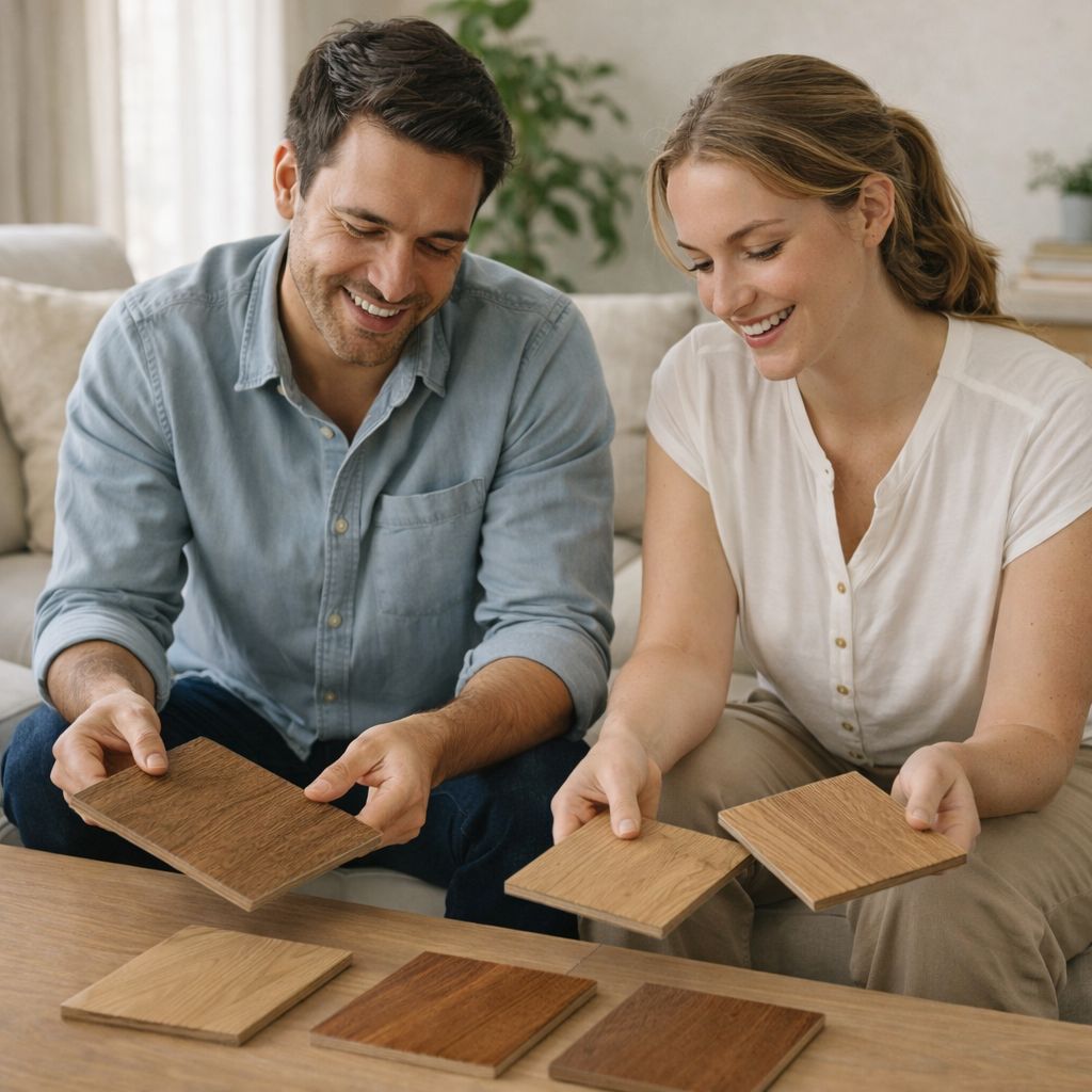 Happy couple browsing hardwood flooring samples