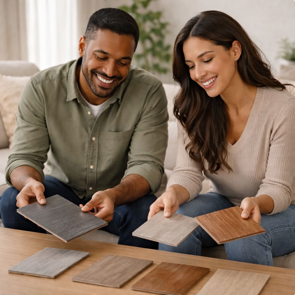 Happy couple browsing laminate flooring samples