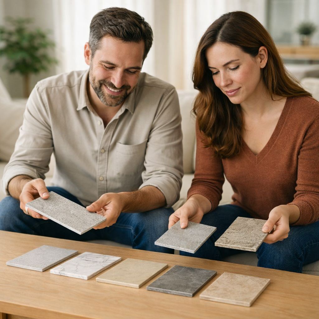 Happy couple browsing tile flooring samples