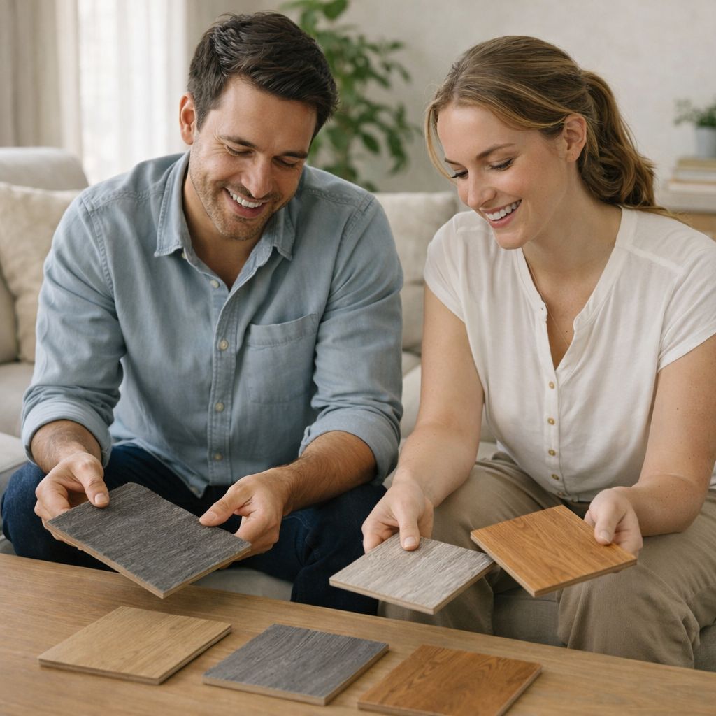 Happy couple browsing vinyl flooring samples