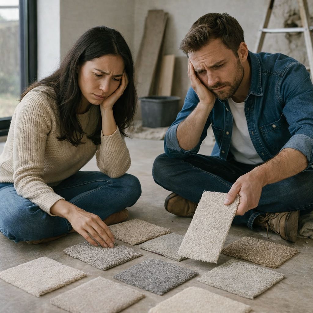Couple choosing carpet and frustrated