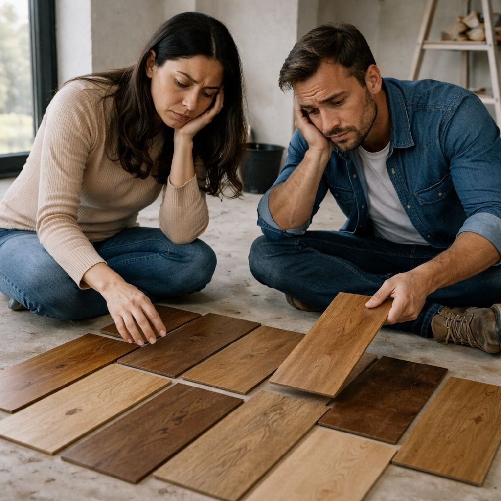 Couple choosing hardwood flooring and frustrated