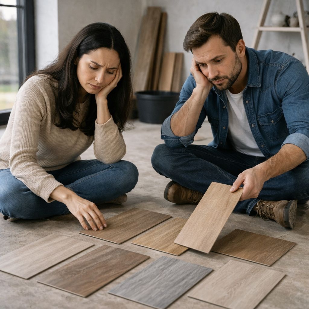 Couple choosing laminate flooring and frustrated