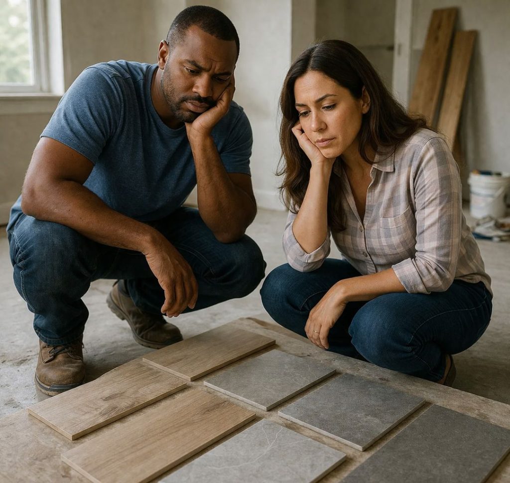 Couple choosing tile flooring and frustrated