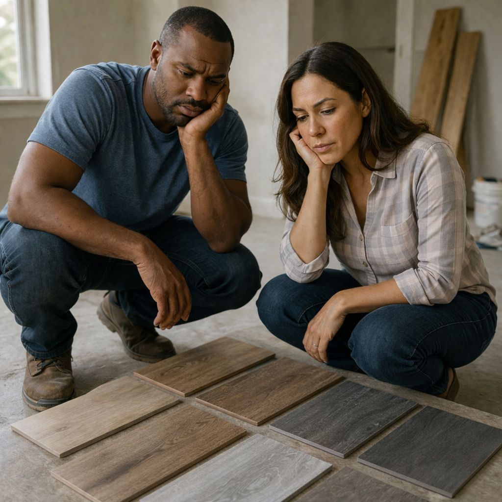 Couple choosing vinyl flooring and frustrated